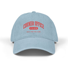Load image into Gallery viewer, Corner Office Club Embroidered Denim Hat — Black Logo Baseball Cap
