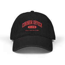 Load image into Gallery viewer, Corner Office Club Embroidered Denim Hat — Black Logo Baseball Cap