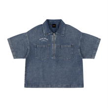 Load image into Gallery viewer, Unisex Vintage Wash Boxy Quarter-Zip Denim Shirt

